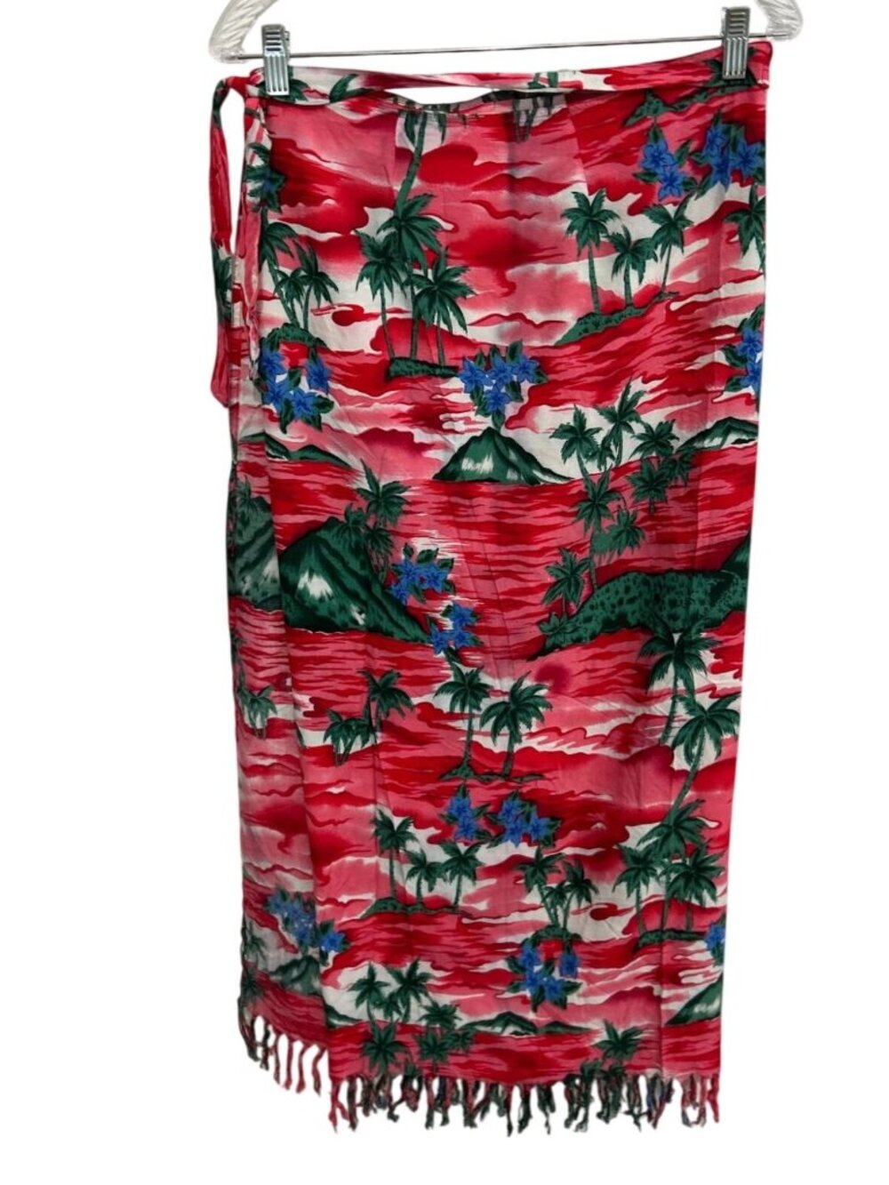 Shoreline One Size Red Tropical Sarong Wrap Skirt Fringe Hem Rayon Boho Chic